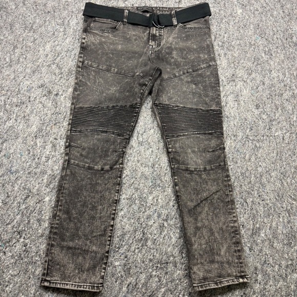 No Boundaries Other - No Boundaries Mens Moto Jeans 36x30 Gray Acid Wash Biker Slim Fit Stretch Belted
